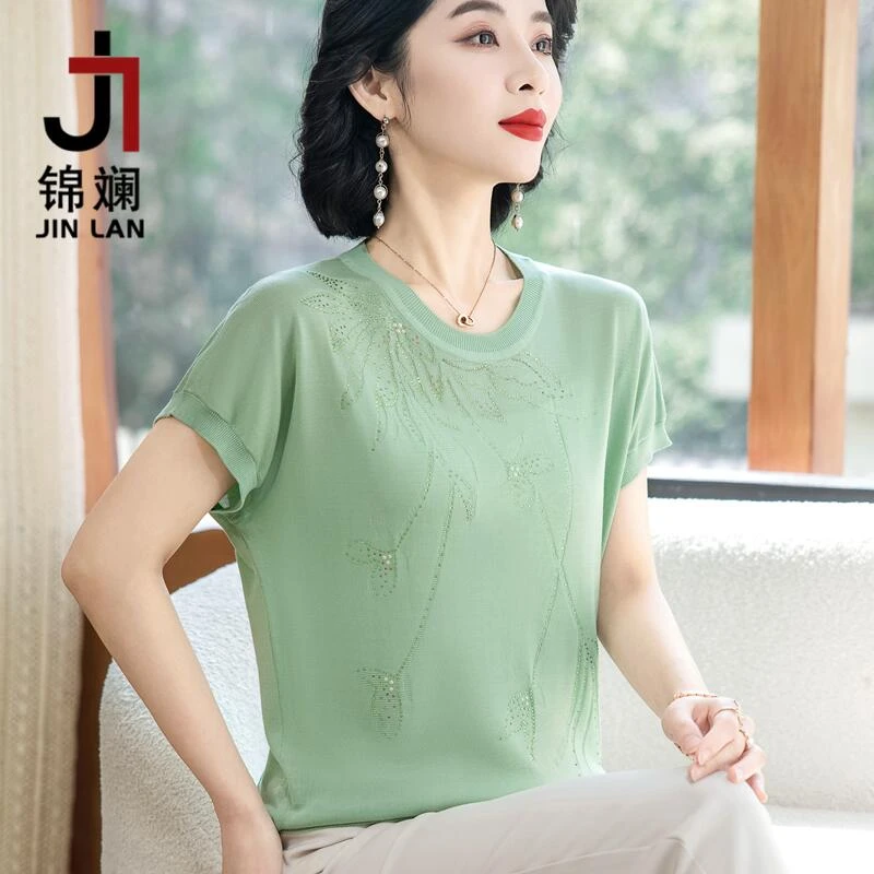 锦斓莱赛尔天丝妈妈洋气短袖T恤中年女冰丝圆领上衣服薄小衫