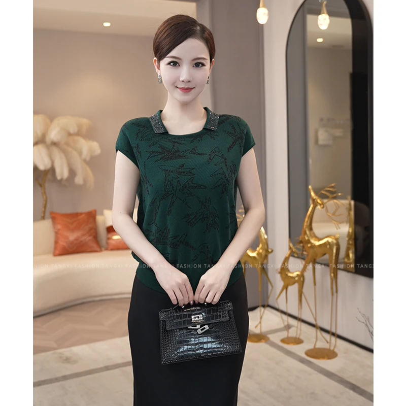 2025夏季新款【7558】烫钻竹叶中式圆领莱赛尔冰丝短袖针织上衫衣女
