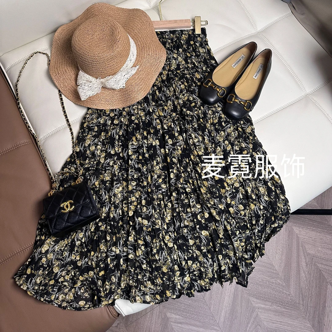 麦霓严选【假日氛围】 时尚复古高腰碎花半身裙女显瘦A字长裙子9101