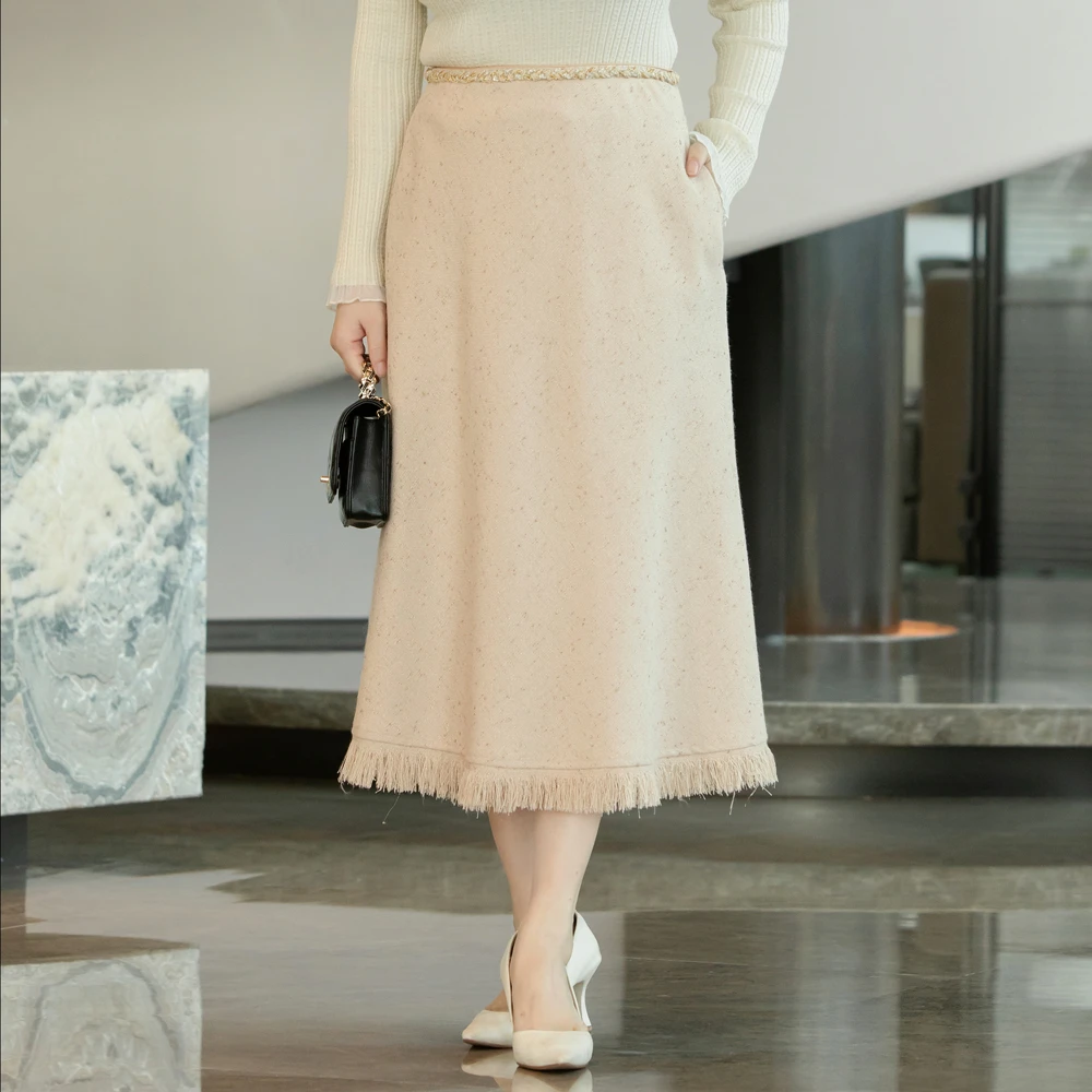 邹茉【海上日落】 意大利进口金豆毛边羊毛修身半身裙