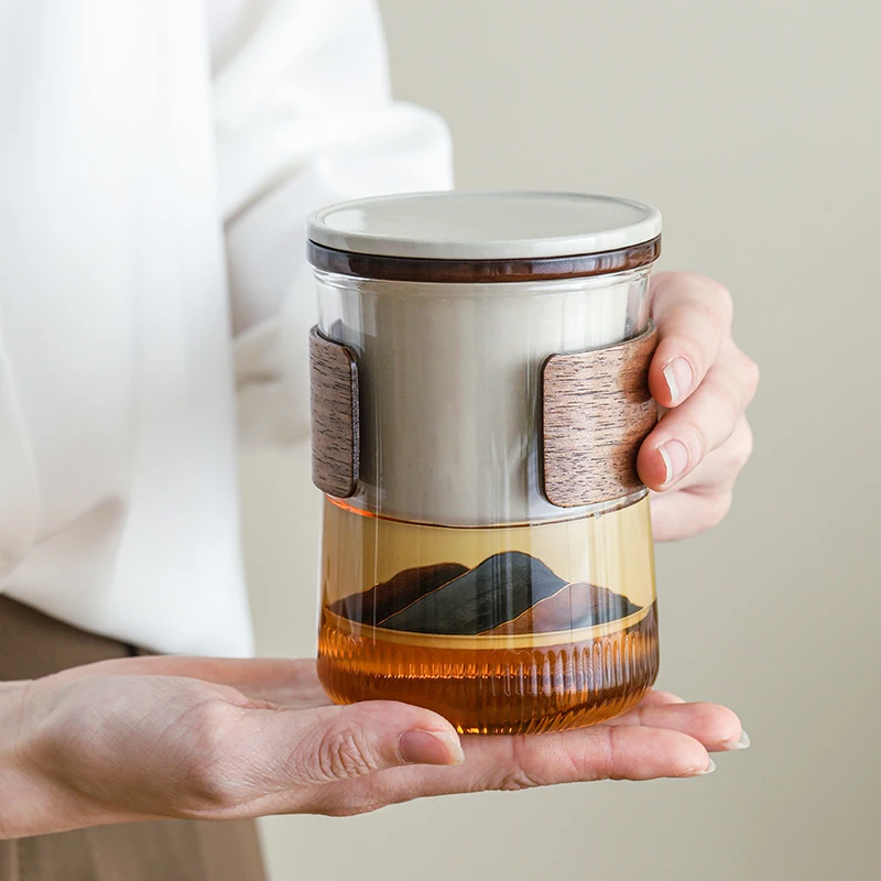 汝晗山山而川玻璃主人杯随手杯便携款马克杯茶具耐热带盖泡茶杯