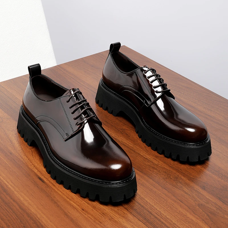 亮面皮鞋男士时尚休闲商务正装德比鞋真皮厚底增高牛皮手工鞋婚鞋