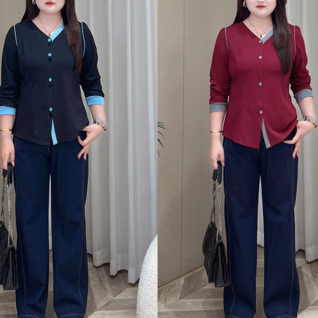 【梅姐上新】PDM22472早秋新款撞色宽松减龄显瘦大码女装长袖T恤