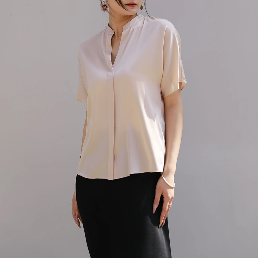 秋木桑蚕丝V领衬衫短袖深香槟色简约百搭上衣CS8520