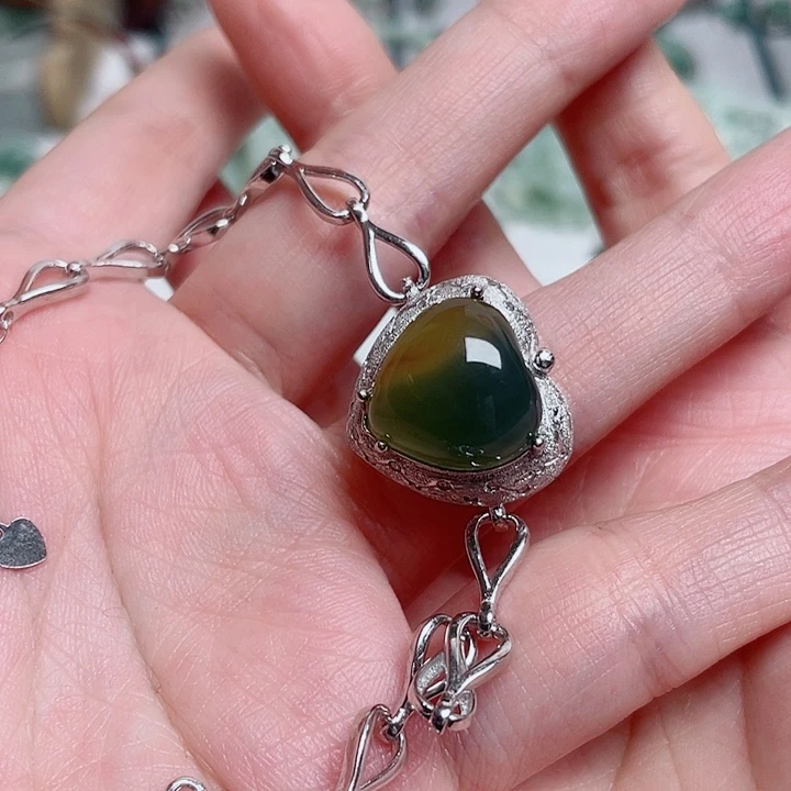 青***苗蛇纹石玉银S925镶嵌手链