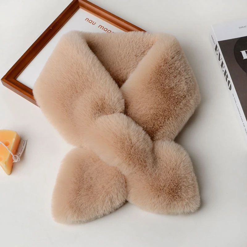 秋冬季毛绒围巾交叉加厚保暖百搭围巾冬季红色围巾围脖红围巾毛领