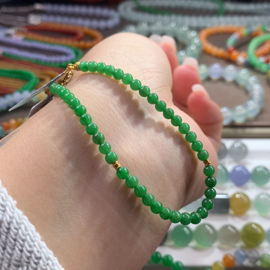 翡翠未镶嵌手链满色绿小米单圈 卡3.66