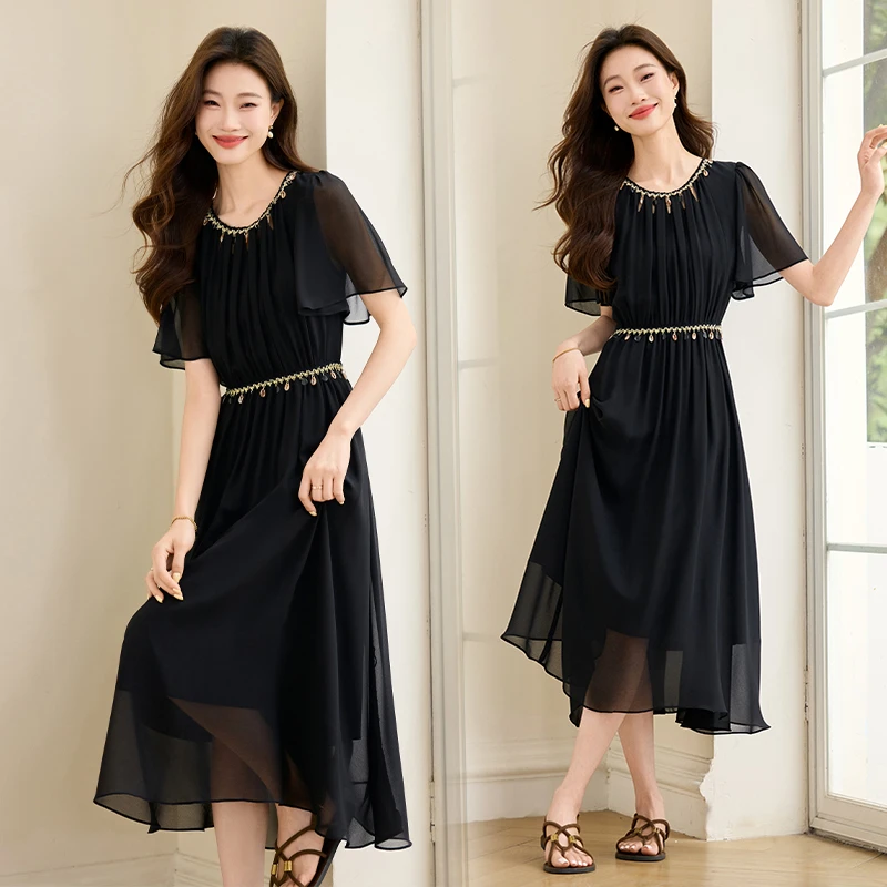 雪纺连衣裙女2025年超火夏季气质巨好看的超仙黑色显瘦长裙子X285
