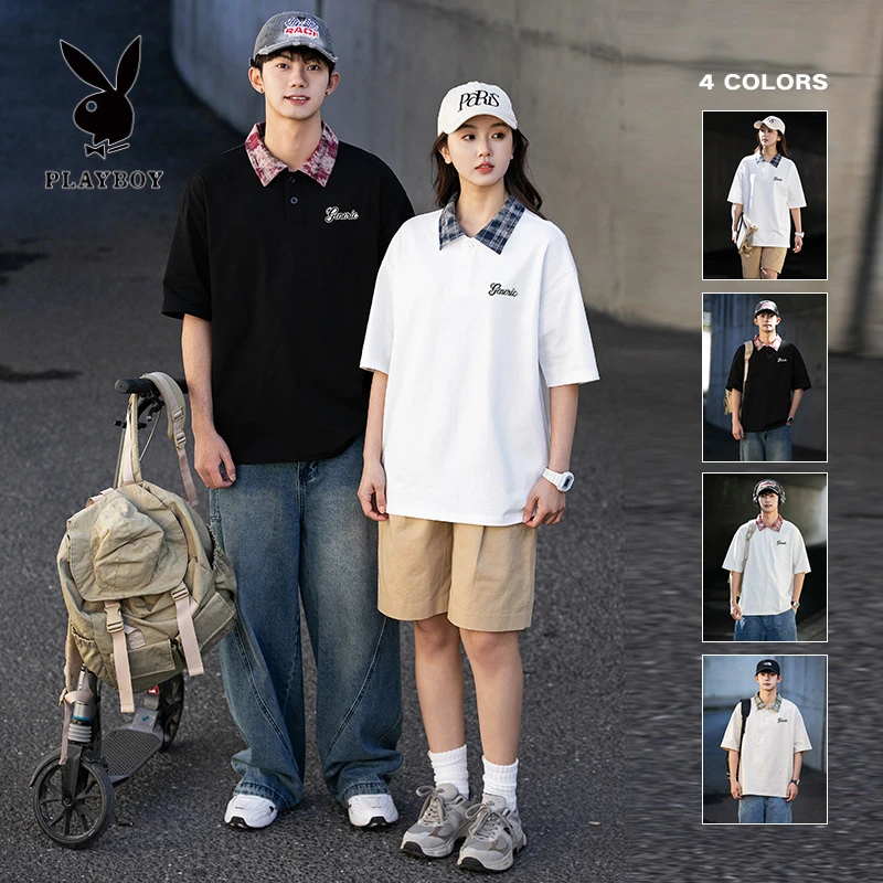 花花公子条纹衬衫领短袖男夏季印花休闲t恤男宽松透气凉感polo衫