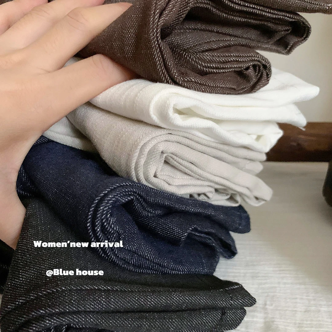 ins爆竹节松紧腰牛仔休闲裤女早秋气质慵懒垂感柔软阔腿直筒长裤