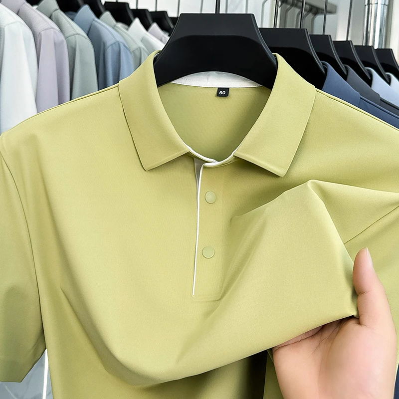 【高奢下摆开叉】无痕凉感冰丝短袖T恤男士夏季翻领POLO衫半袖体恤