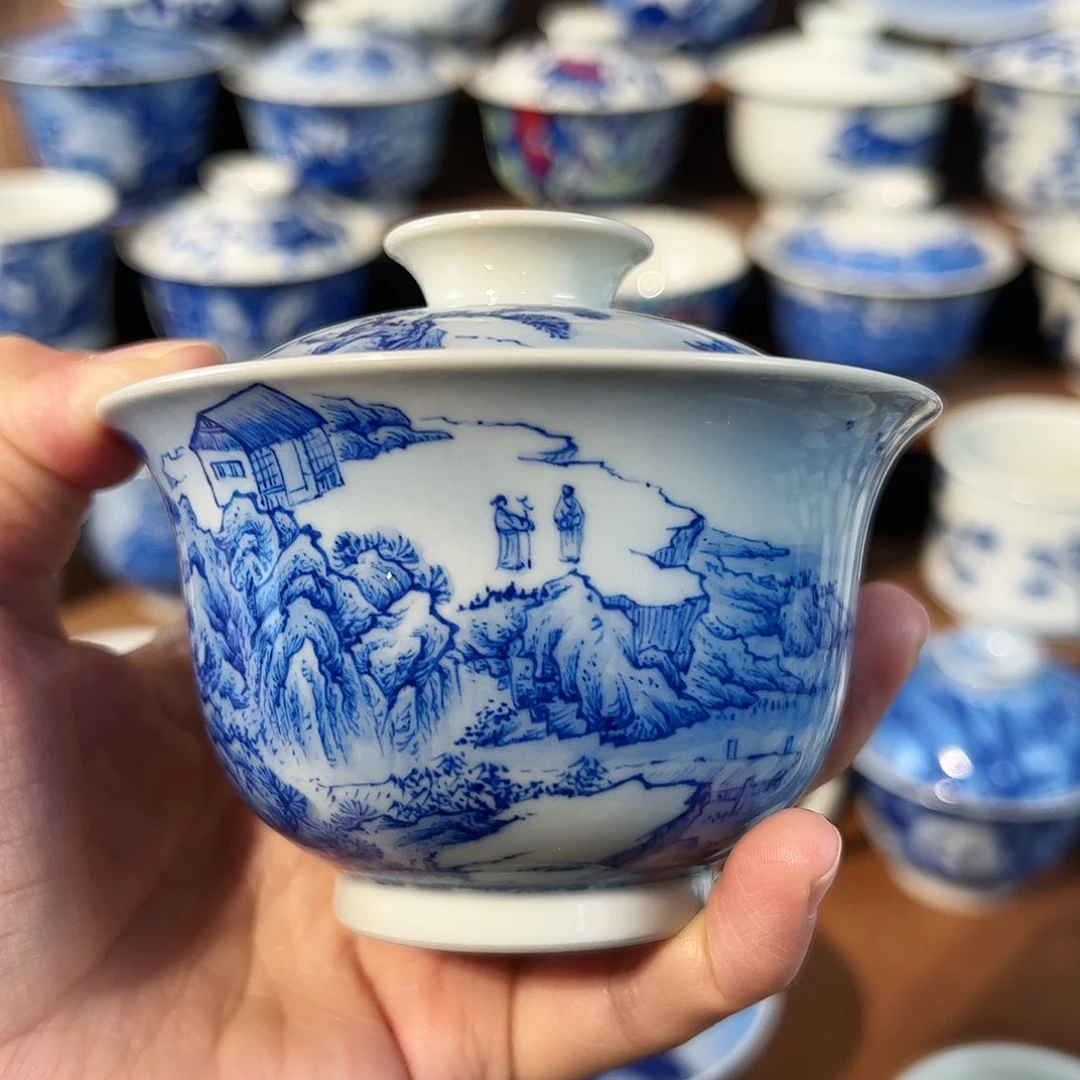 泥藝瓷梦山水元宝盖碗