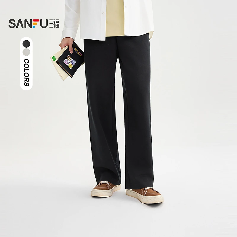 三福2025秋季男士简约纯色休闲裤 宽松直筒橡筋腰头长裤506266