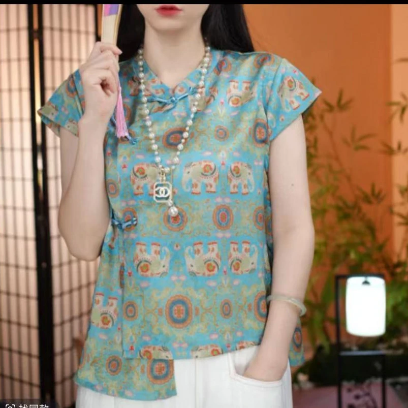 夏季轻薄2025新款洋气大码新中式立领气质提花短袖款国风斜襟上衣