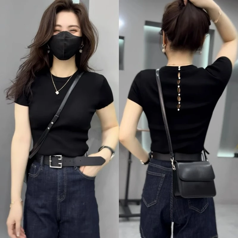 后背镂空黑色薄款针织衫女2025夏季新款修身显瘦洋气短袖t恤上衣