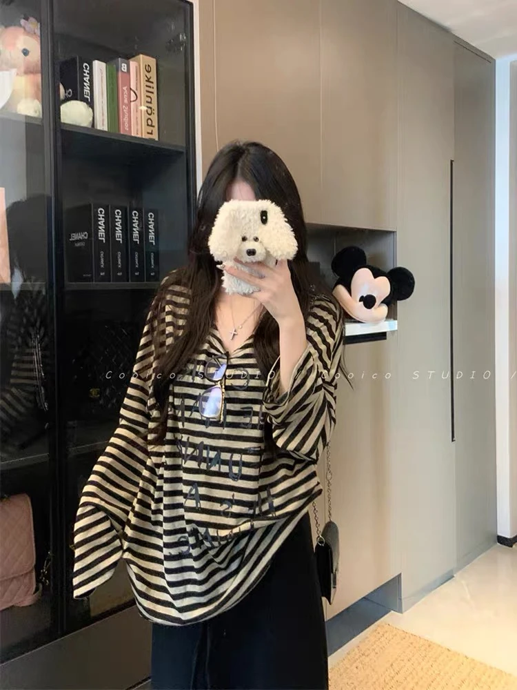 夏季慵懒感宽松条纹印花字母防晒T恤空调衫中长款上衣女