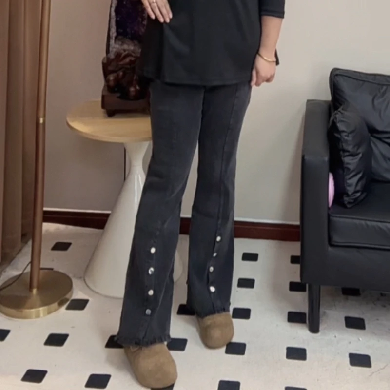 大码胖mm高腰弹力微喇直筒阔腿牛仔裤秋季新款纽扣设计显瘦百搭