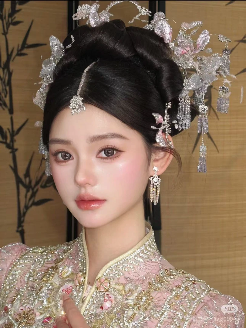 z8277中式婚礼滴胶粉色羽毛减龄秀禾古风新中式新娘结婚头饰