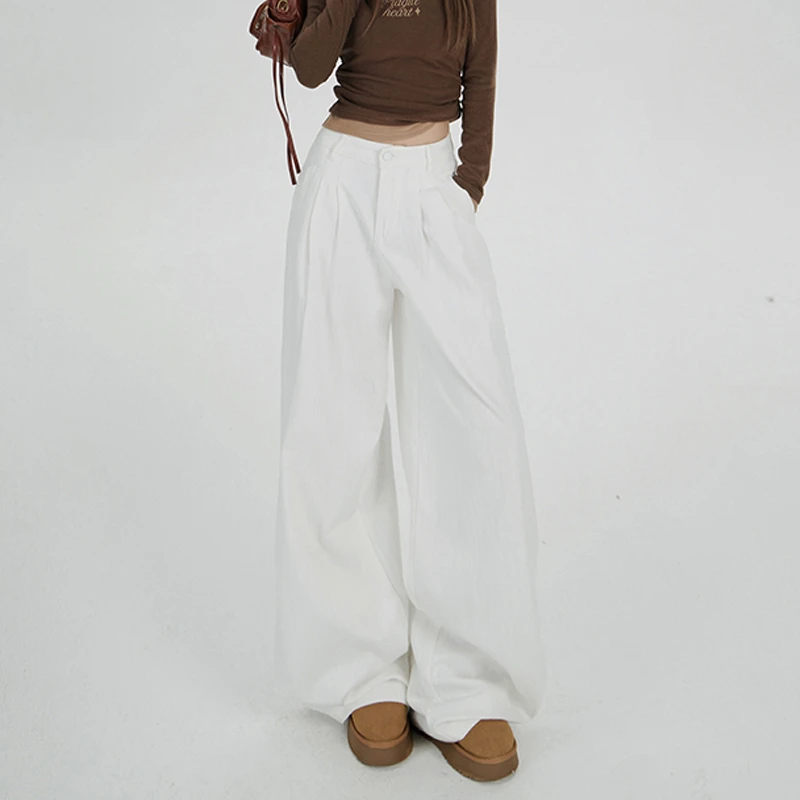 POYZ白色显瘦小个子纹理感休闲裤女高腰夏季宽松垂感设计感拖地裤