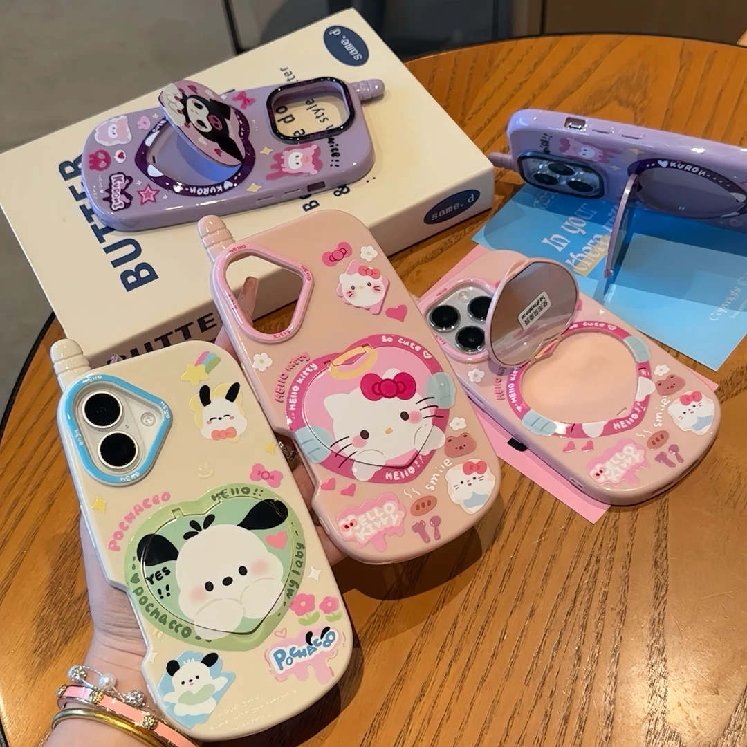 闺蜜KT猫镜子支架适用苹果16/15Promax手机壳14/13大哥大12软套女