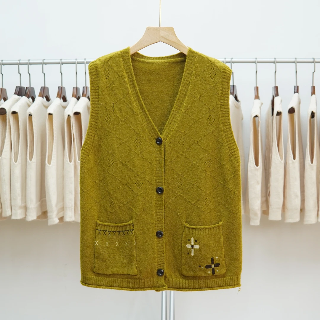 320单排扣外穿内搭时尚开衫马夹设计感复古双口袋洋气休闲V领上衣