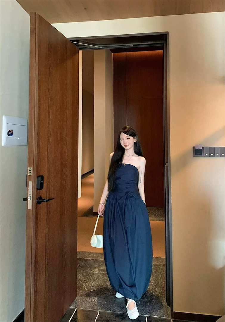 韩系抹胸休闲长款褶皱气质百搭连衣裙不规则绑带花苞长裙#A786