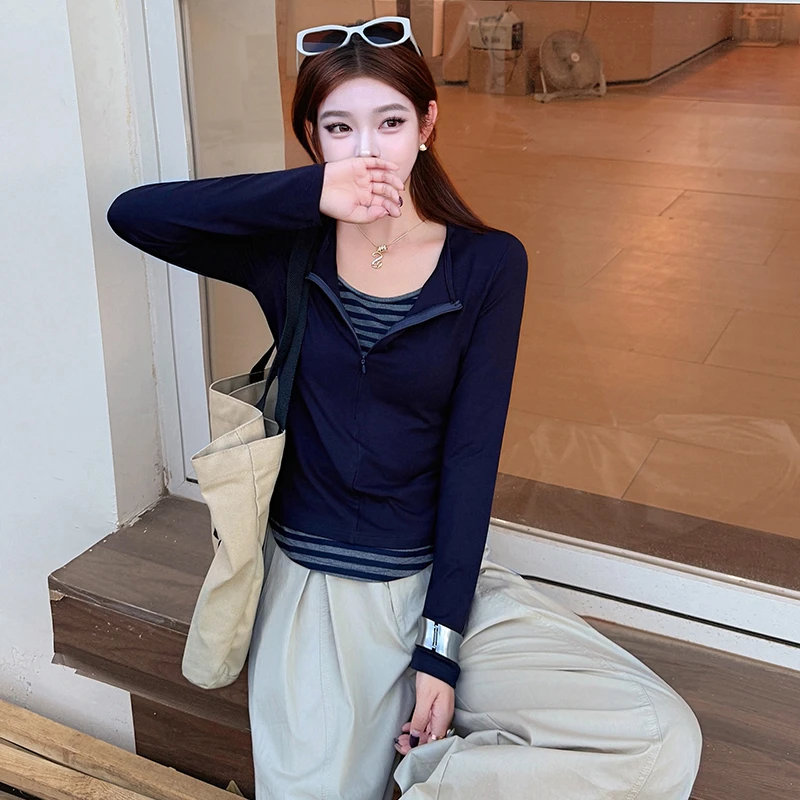 拉夏贝尔2025秋季美式修身显瘦正肩连帽双拉链百搭外套开衫上衣女
