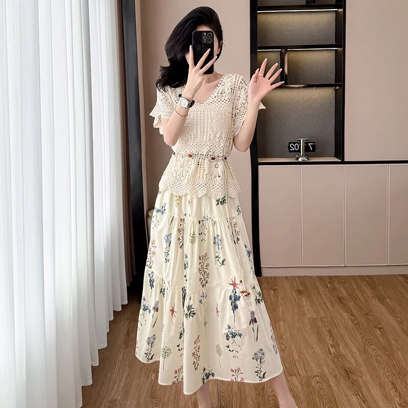 蛋糕裙三件套装复古镂空收腰洋气叠穿罩衫女夏季抹胸吊带背心碎花