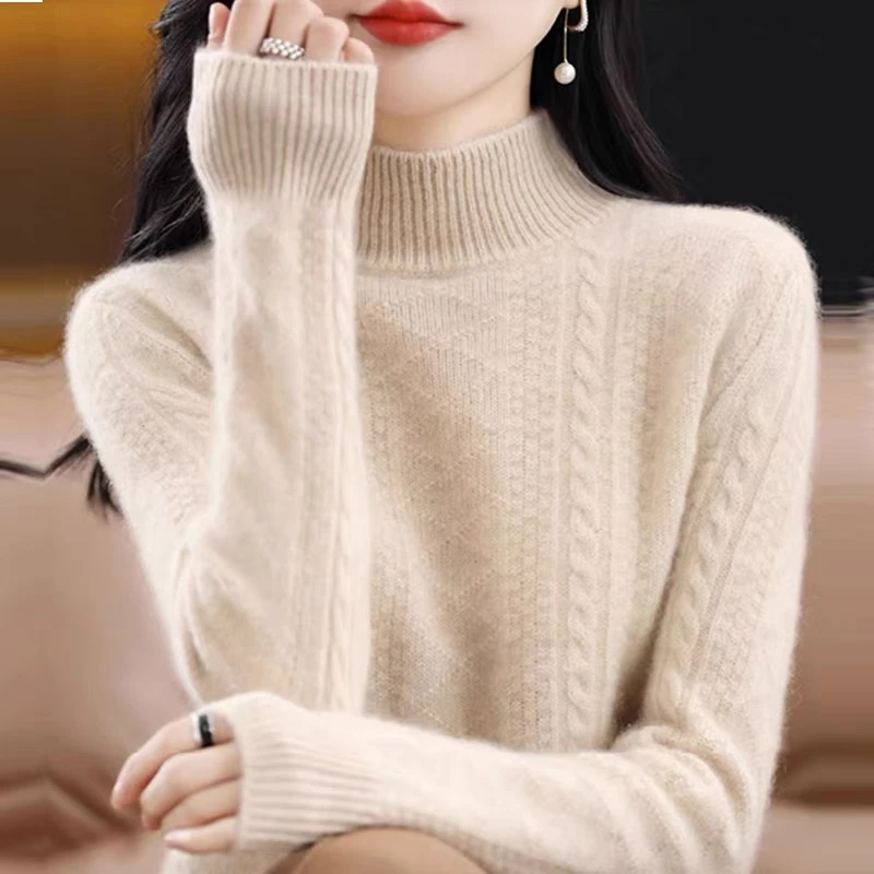 【重磅加厚】100%羊毛衫冬款绞花打底半高领毛衫女套头毛衣百搭宽松