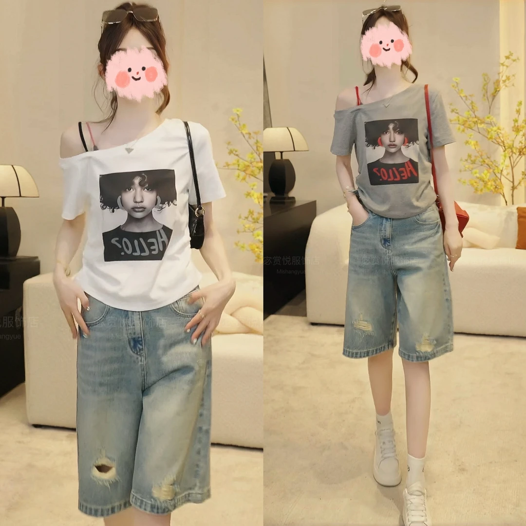 2025夏季时尚印花斜肩短袖T恤上衣显瘦百搭五分牛仔裤休闲套装女