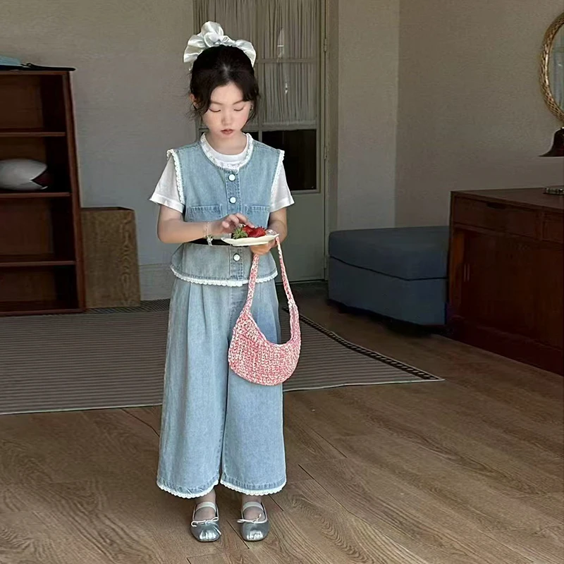 夏季新款潮牌休闲中大童牛仔马甲短袖牛仔裤套装高级感显瘦zb5574