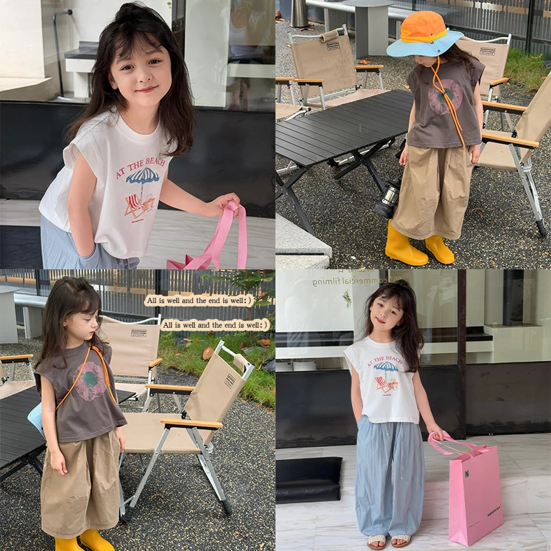 SKC2590女童韩版卡通圆领背心夏装新款女大童宽松无袖T恤上衣潮