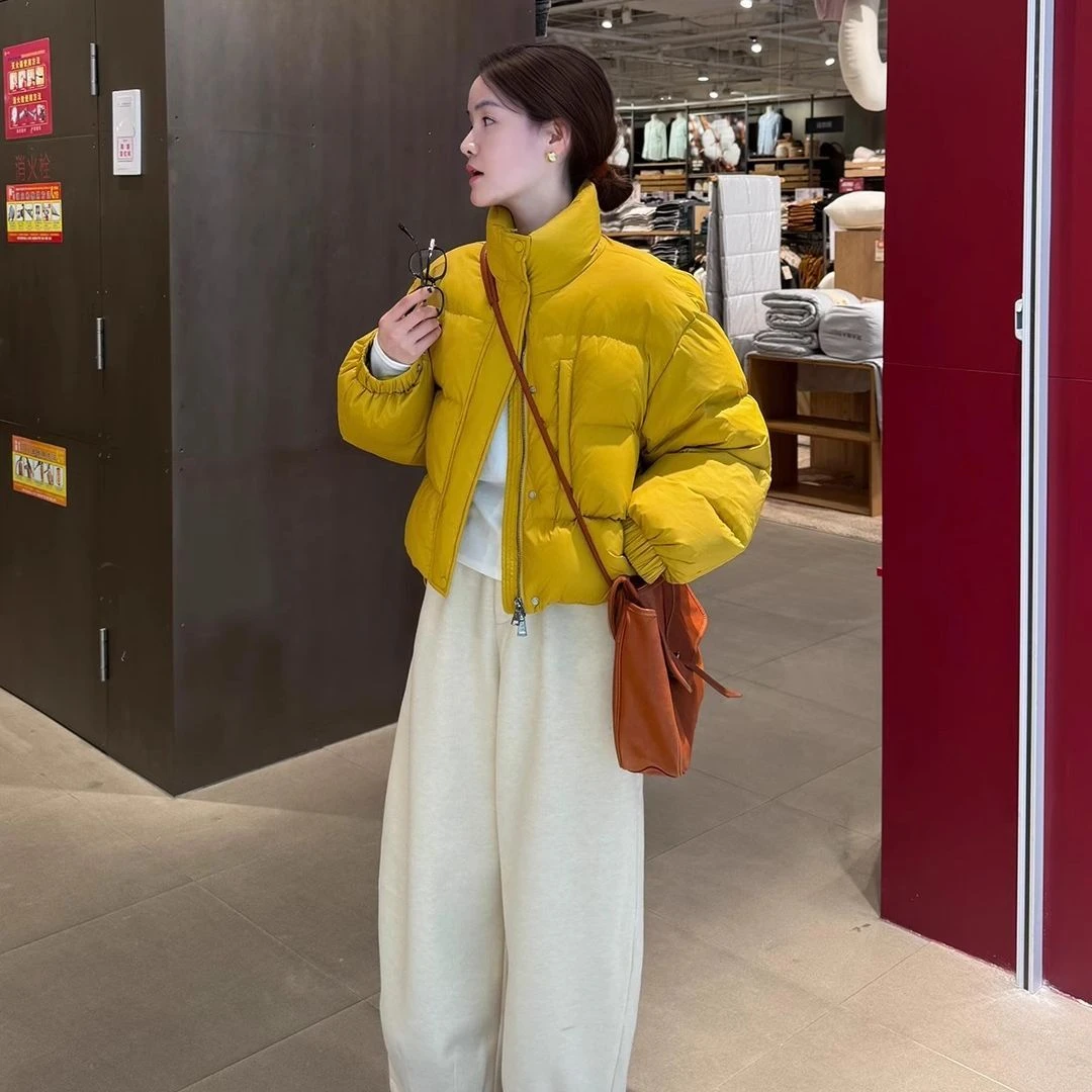 大码胖mm韩系高级好看面包服加厚棉衣外套短款黄色羽绒棉服女冬季