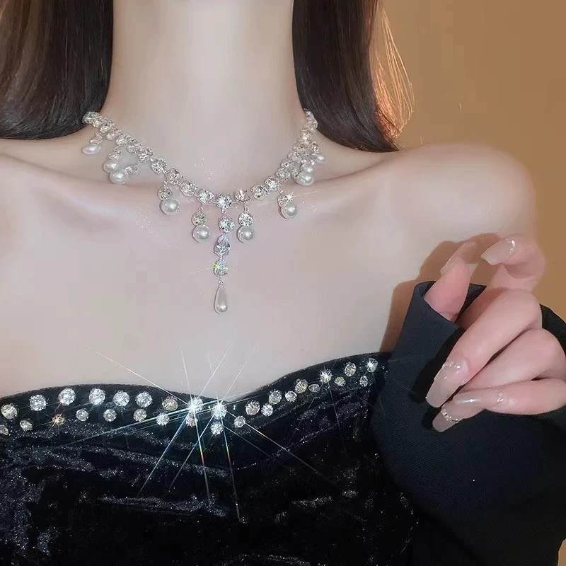 铜项链 水滴锆石镶锆贝珠流苏项链轻奢小众锁骨链女款高级感配饰