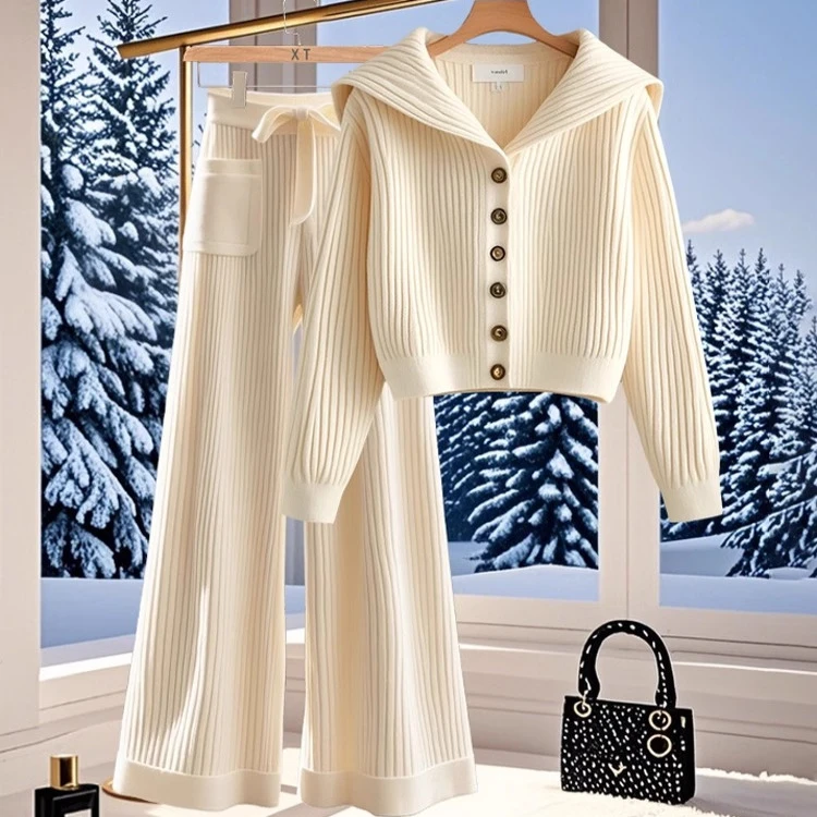 显瘦2025春秋小个子针织开衫海军领感毛衣女秋季遮肉阔腿裤两件套
