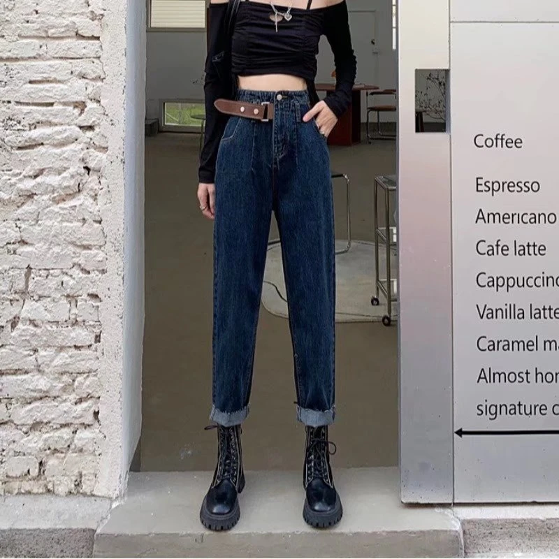 年新款时尚复古秋冬高腰老爹裤显瘦直筒九分裤哈伦牛仔裤女潮