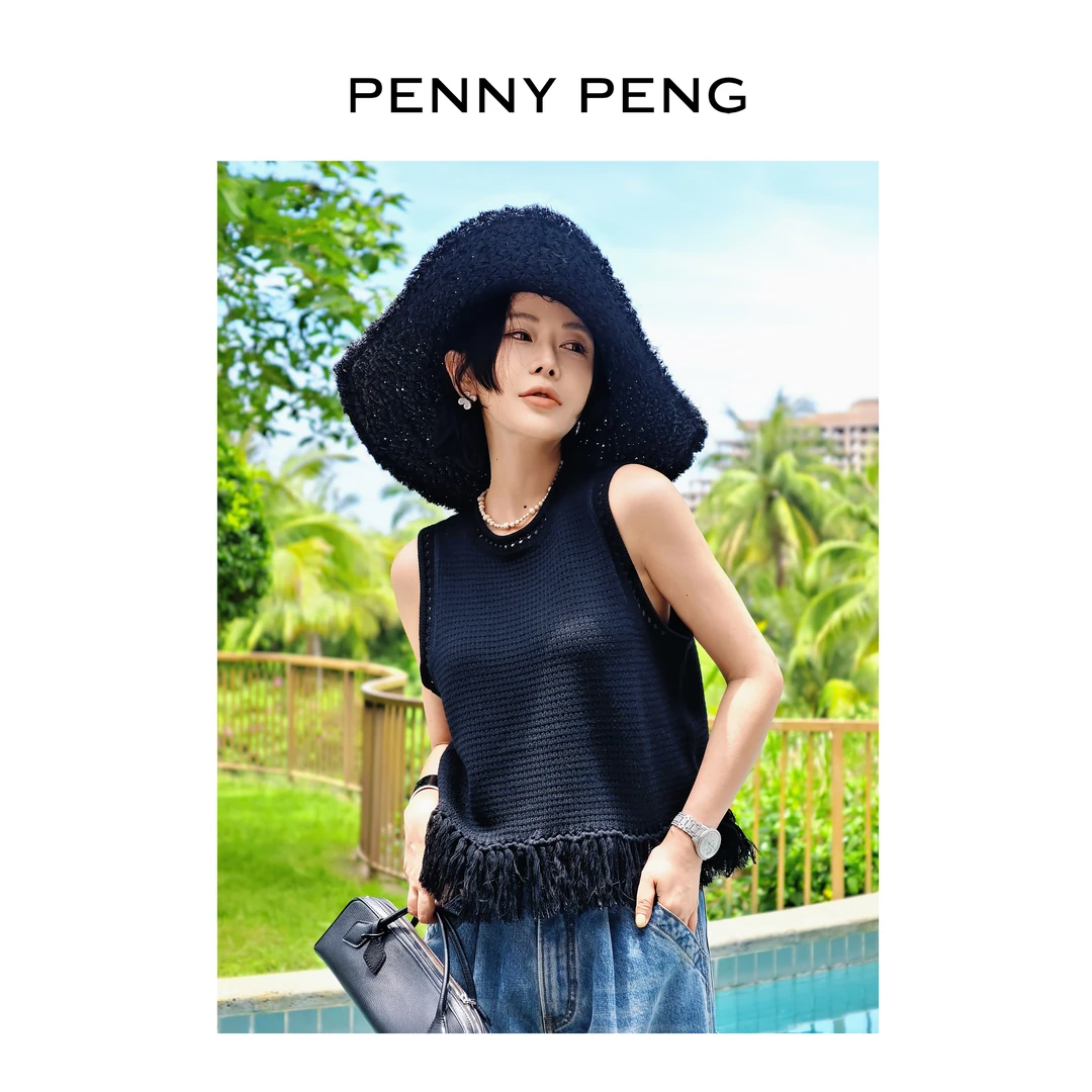 PENNYPENG吉尔赛夏季新款黑色洋气简约圆领流苏百搭宽松无袖马甲