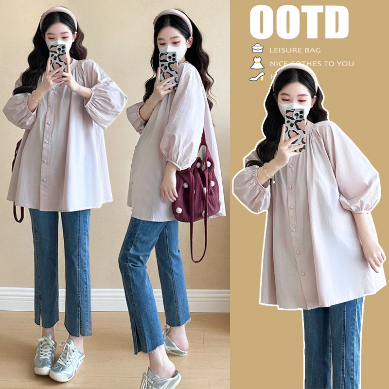 孕妇装春装2025孕妇装春季新款长袖中长款衬衫娃娃衫时尚潮