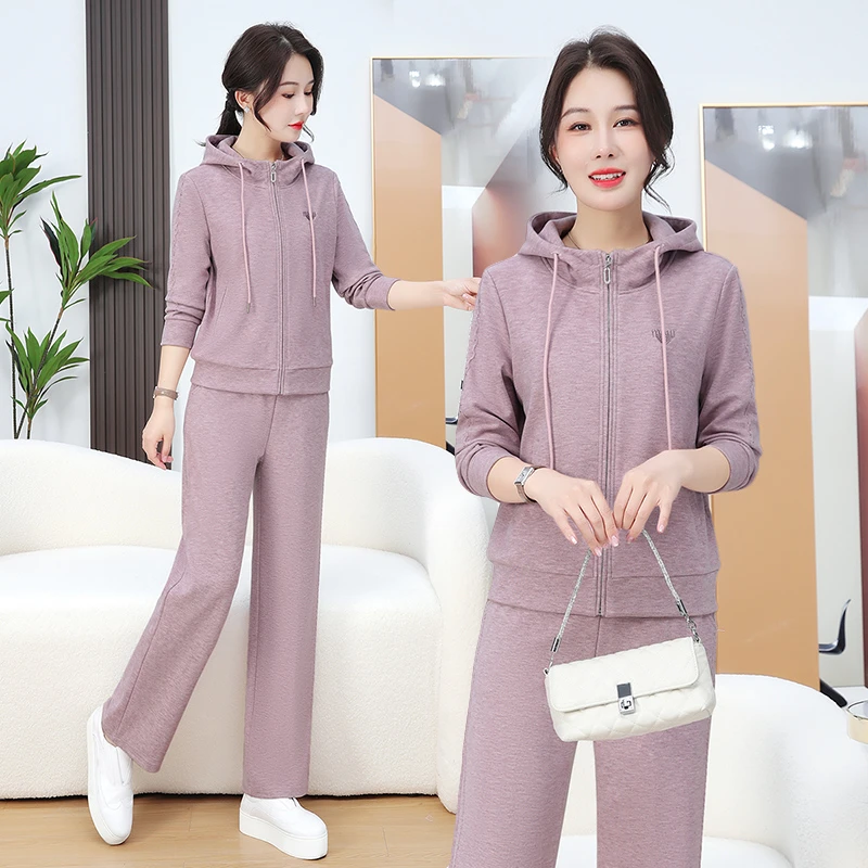 减龄春秋款连帽运动开衫女装卫衣两件套韩版直筒裤宽松显瘦套装潮