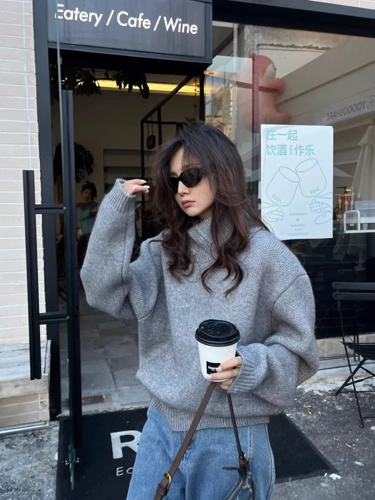 韩系慵懒宽松高级感灰色翻领加厚毛衣女冬2024新款秋季针织衫上衣