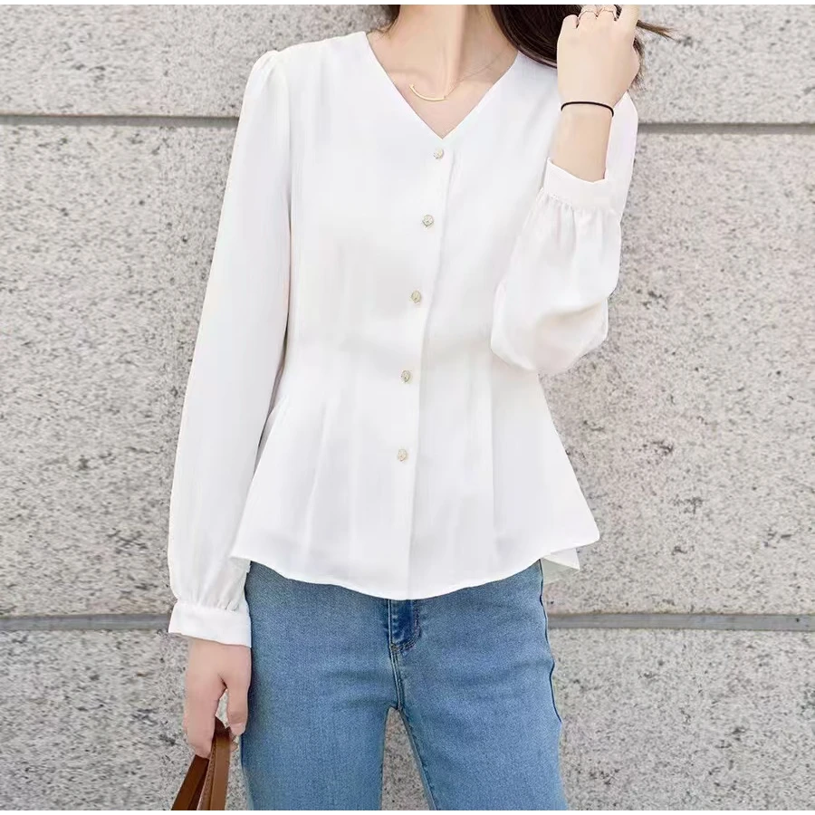 白色衬衫V领女2025新款洋气高级感收腰气质长袖百搭打底ins上衣