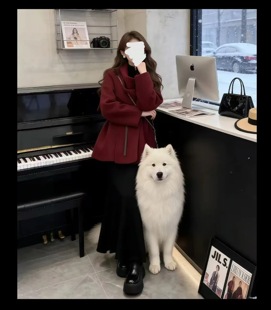 公主 胖mm红色翻领围巾领毛呢收腰显瘦外套22983