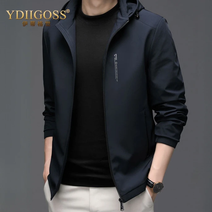 YDIIGOSS商务连帽夹克男士春秋季新款风衣中长款连帽休闲上衣