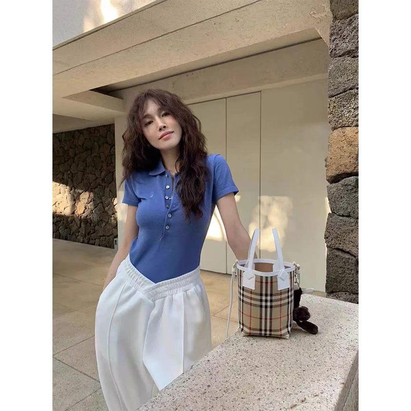 2025秋季新款简约休闲风半开领短款T恤上衣高腰百搭宽松直筒长裤