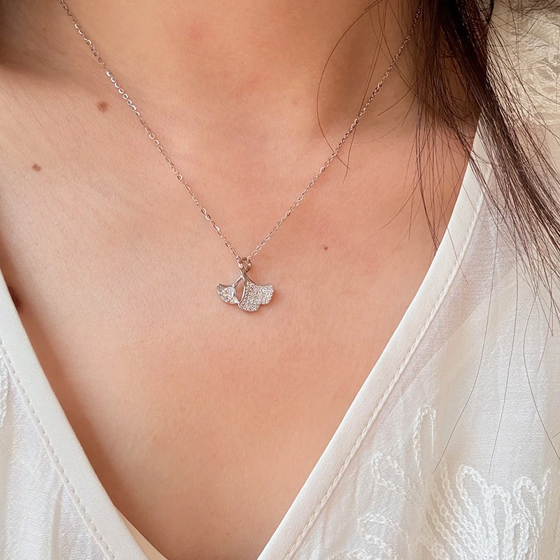 坠链均925银合成锆石 925纯银轻奢镶钻银杏叶项链女简约小众设计