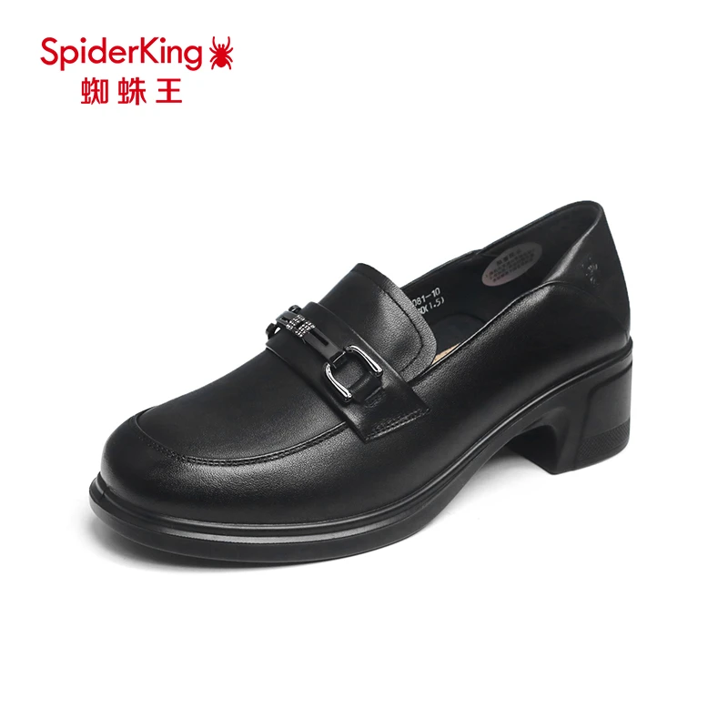 蜘蛛王女鞋新款黑色一脚蹬粗跟小皮鞋圆头浅口单鞋时尚百搭乐福鞋