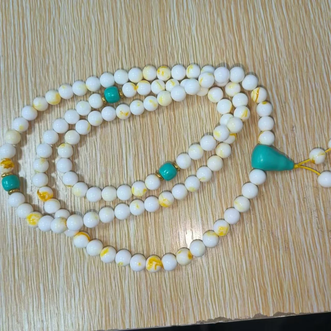 NY025 精品瓷白虎皮琥珀蜜蜡108颗手串（无礼盒）