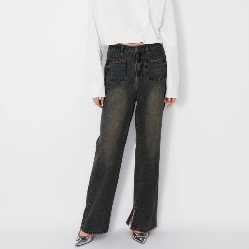 REVAN芮范复古喷黄微喇牛仔裤RM71302074