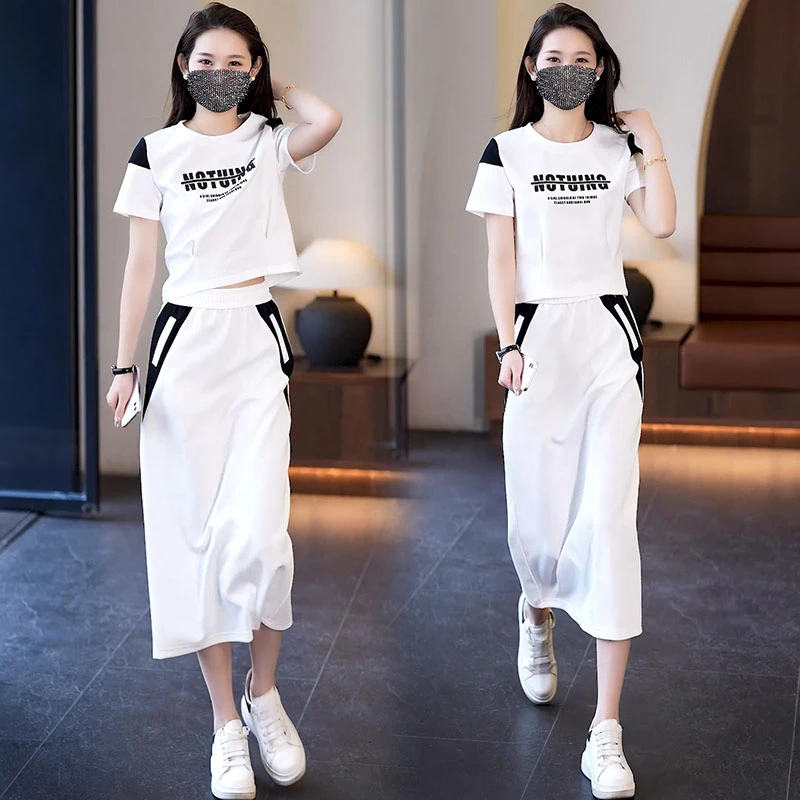 高含棉时尚休闲套装女2025夏季新款通勤简约短袖t恤半身裙两件套