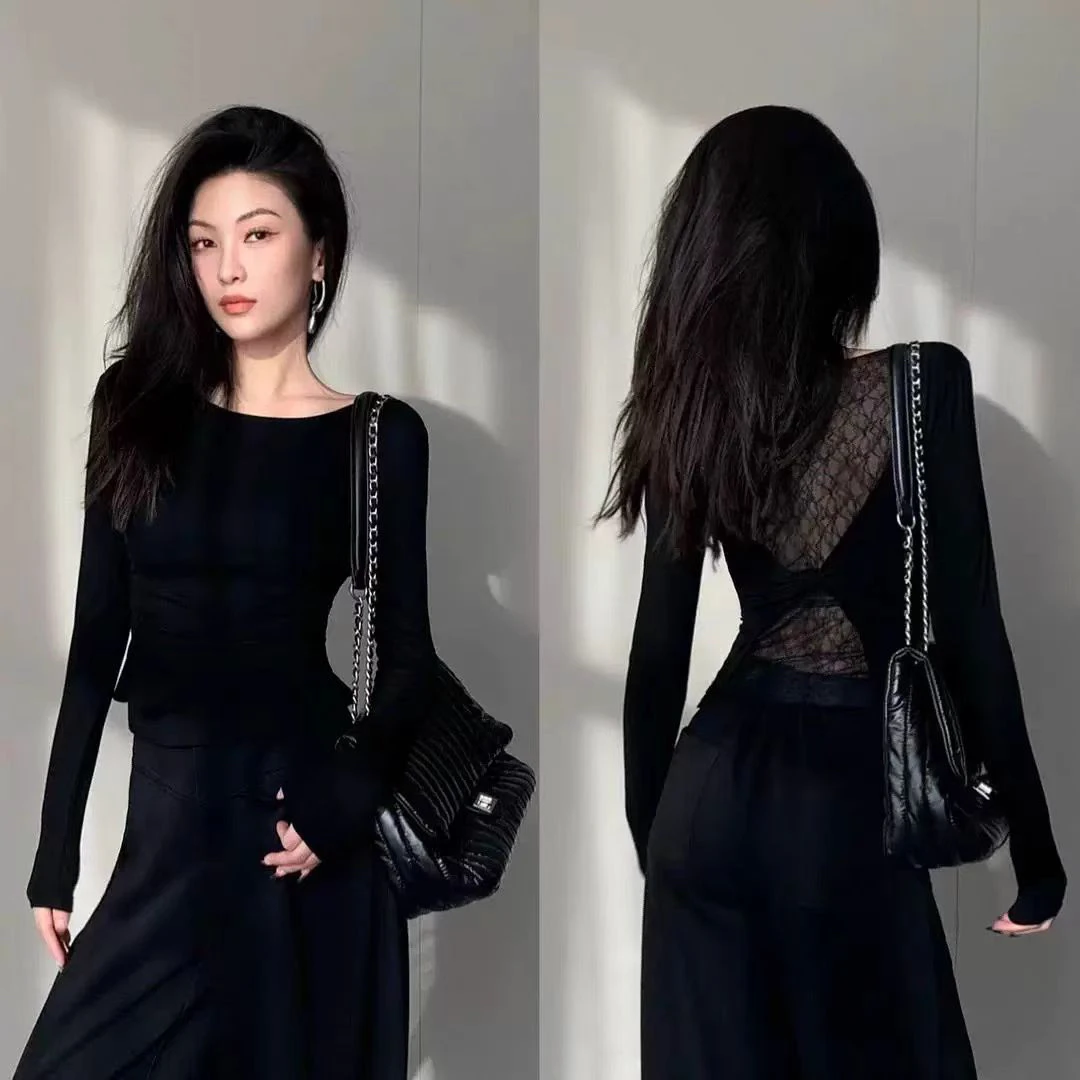 3305-2025年春季新款时尚气质纯欲风显瘦百搭蕾丝美背T恤